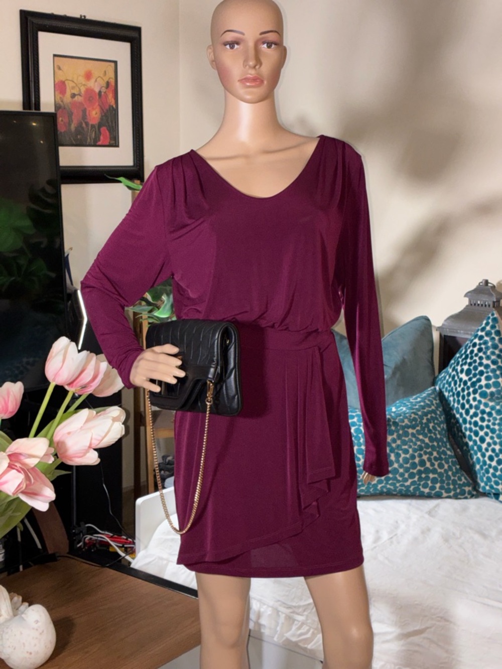BCBGeneration Long-Sleeve Wrap Belt Dress in Burgundy